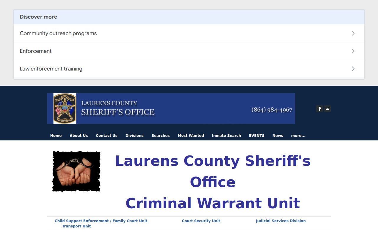 Laurens County warrant search, older sheriff Criminal Warrants Unit page