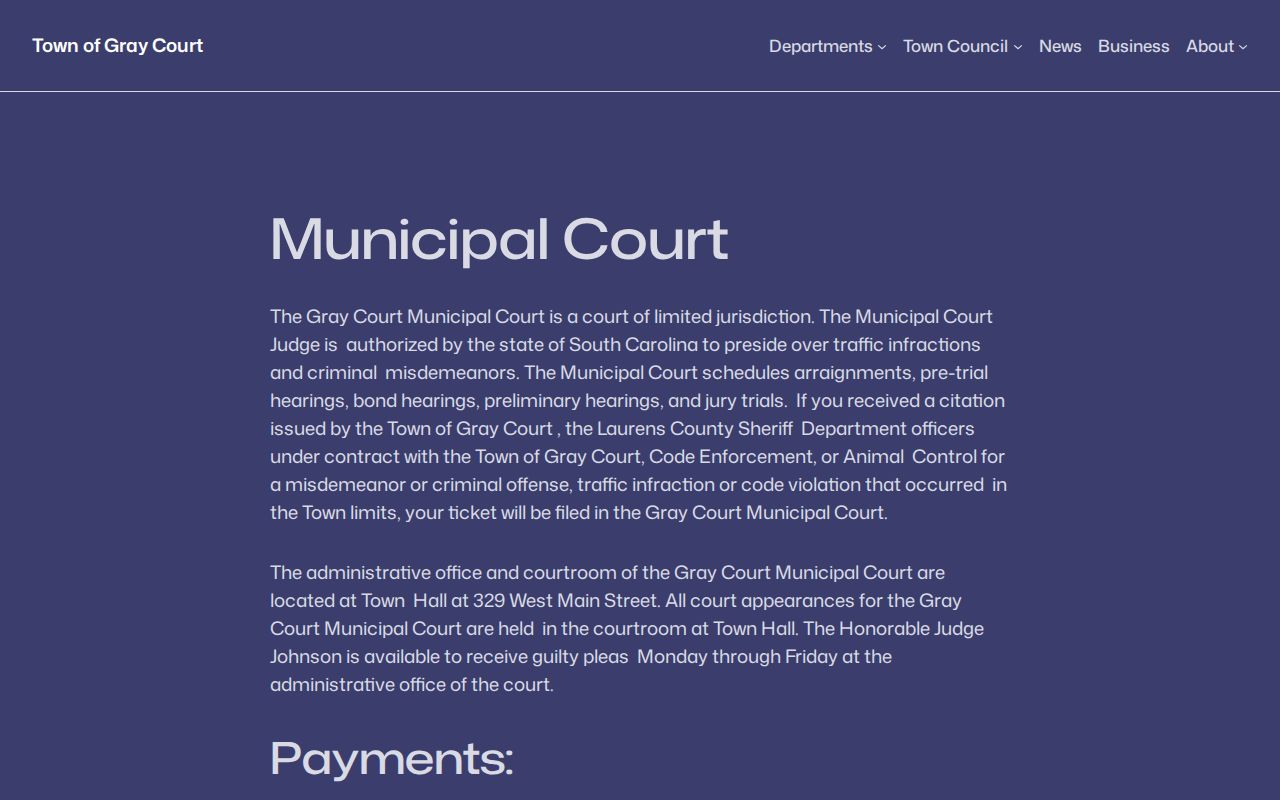 Laurens County municipal warrant information, Gray Court Municipal Court page